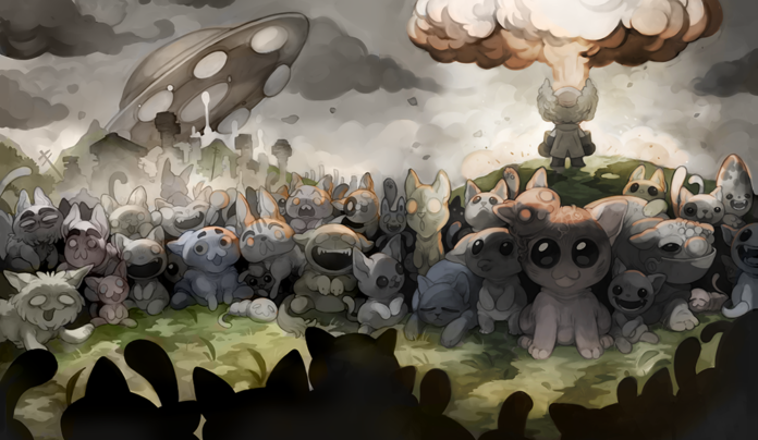 Purrfect Play Illustrated scene showing dozens of stylized cartoon animals gathered beneath a dramatic sky, with surreal and apocalyptic imagery in the background.