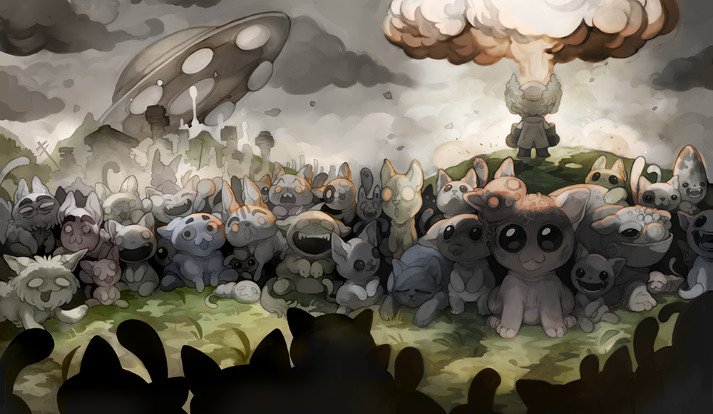 Illustrated scene showing dozens of stylized cartoon animals gathered beneath a dramatic sky, with surreal and apocalyptic imagery in the background.