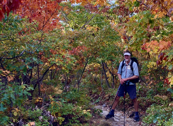 Highest Hiking Jared Perry hiking through autumn foliage on the Appalachian Trail in New Hampshire.