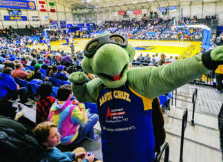 Game of Life Santa Cruz Warriors mascot Mav’Riks entertains fans during a home game at Kaiser Permanente Arena.