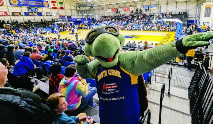Game of Life Santa Cruz Warriors mascot MavโRiks entertains fans during a home game at Kaiser Permanente Arena.