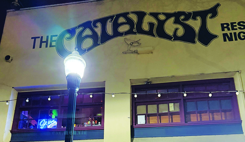 Exterior of The Catalyst music venue in downtown Santa Cruz at night.