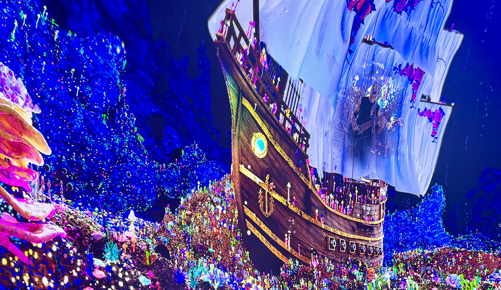 Abstract artwork depicting a ship surrounded by vibrant, surreal colors