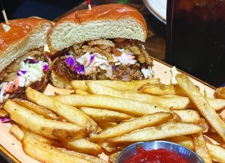 Food and Brews Barnyard Burger with fries at Laughing Monk Brewing in Scotts Valley.