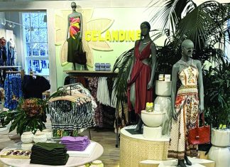 Upscale Cruz Anthropologie display featuring Celandine brand apparel and mannequins