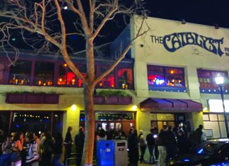 High Rise Concern Crowds gather outside the Catalyst nightclub in downtown Santa Cruz at night