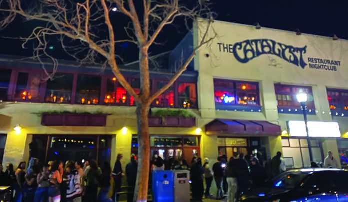 High Rise Concern Crowds gather outside the Catalyst nightclub in downtown Santa Cruz at night
