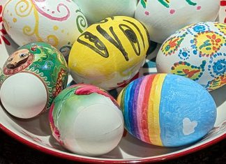 Iranian Students React Painted eggs and colorful markers used for Tokhm-Jangi, a traditional Nowruz game, at a UC Santa Cruz student celebration