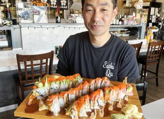 Crudo & Creative Chef Jun Park presenting sushi rolls at Sushi Qu restaurant in Watsonville.