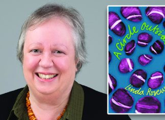 Into the Redwoods Author Linda Rosewood smiling beside cover of her novel A Circle Outside