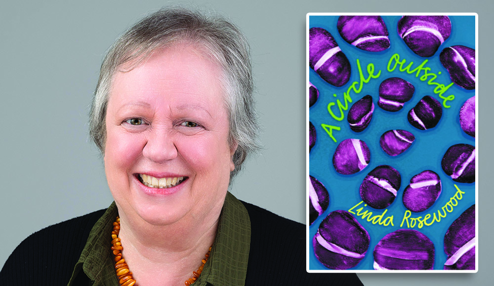Author Linda Rosewood smiling beside cover of her novel A Circle Outside