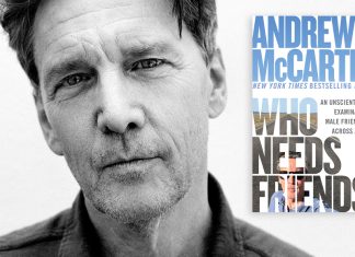 Portrait of actor and author Andrew McCarthy with his book Who Needs Friends