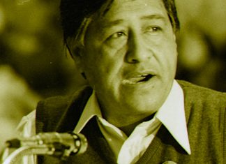 Name Changes After Allegations Cesar Chavez speaking at an event in Salinas in 1979