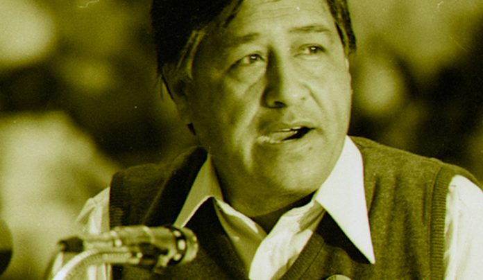 Name Changes After Allegations Cesar Chavez speaking at an event in Salinas in 1979