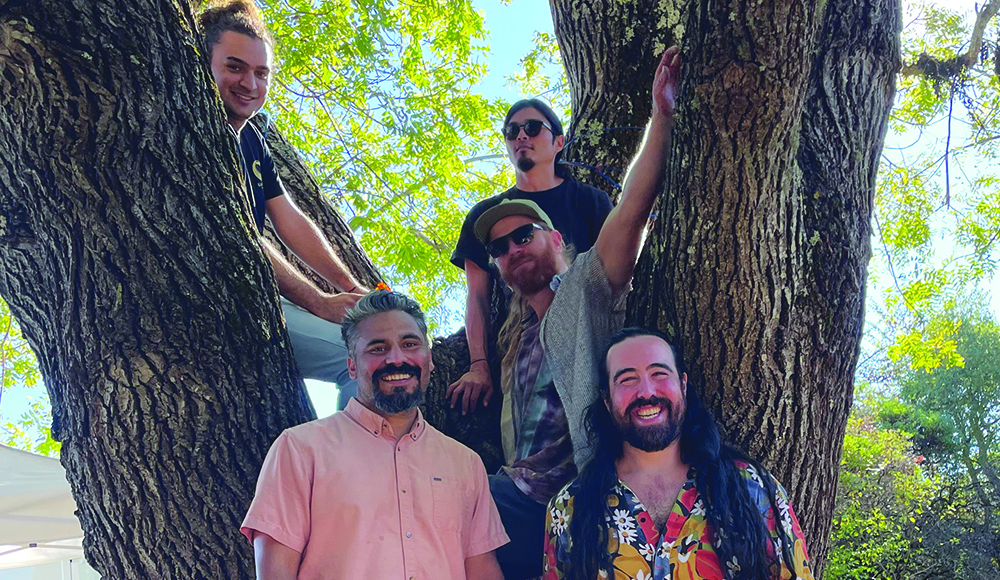Members of Ancestree reggae band pose in a tree in Santa Cruz