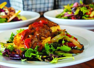 Lots on Tap polenta roasted vegetable dish with greens at Beer Mule Santa Cruz