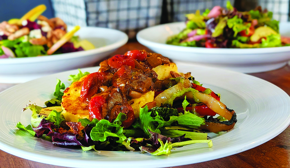 polenta roasted vegetable dish with greens at Beer Mule Santa Cruz