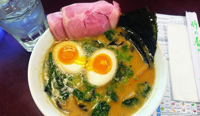 Oodles of Noodles Tonkotsu ramen with soft boiled eggs and pork at Oreno Ramen Scotts Valley