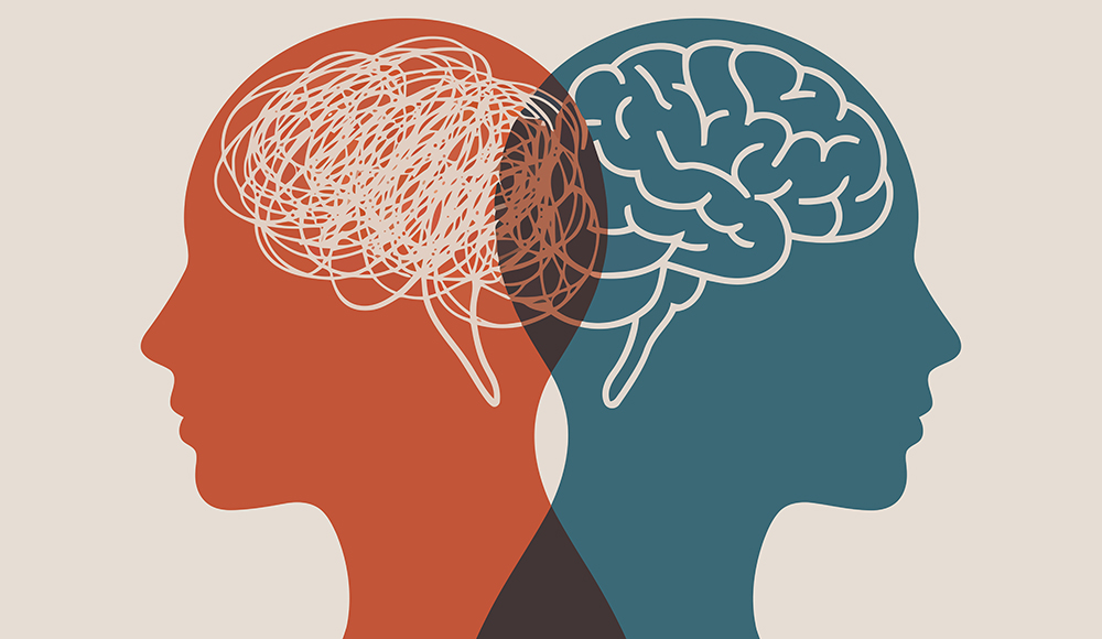 Illustration showing stressed brain versus calm brain in human profile