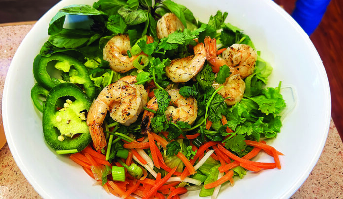 Un-Pho-Gettable Shrimp noodle salad with jalapeรฑos herbs and vegetables at Super Noodle Capitola