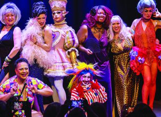 Fancy 15 Sin Sisters burlesque and drag performers on stage Santa Cruz