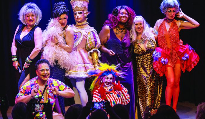 Fancy 15 Sin Sisters burlesque and drag performers on stage Santa Cruz