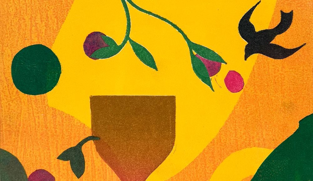 Colorful abstract artwork with stylized bird and floral shapes by Teddy Ridgeway