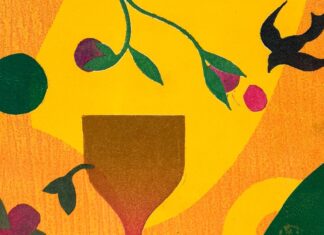 Ripple Effect Reaches Cabrillo Gallery Colorful abstract artwork with stylized bird and floral shapes by Teddy Ridgeway