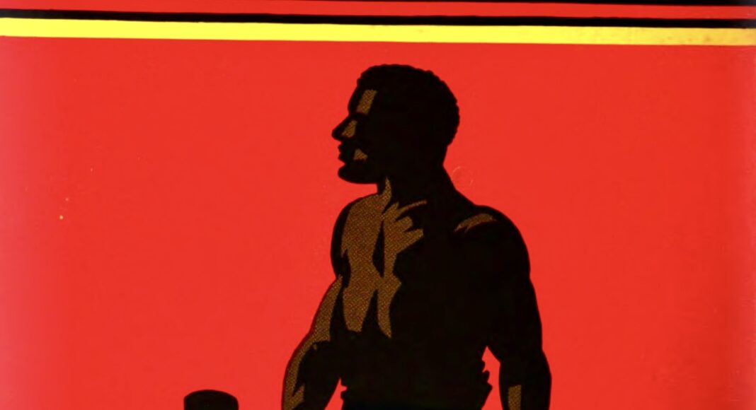 Illustration of John Henry holding a hammer against a red and blue background.
