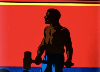 The Editor’s Desk Illustration of John Henry holding a hammer against a red and blue background.