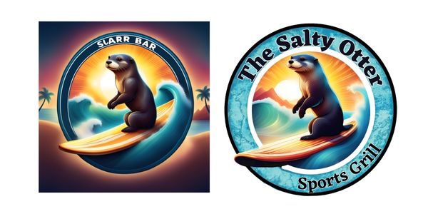 Two versions of The Salty Otter logo featuring an otter surfing.
