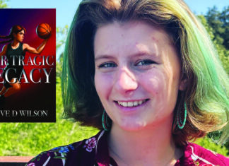 Teen’s Four Novels Author Olive D. Wilson smiles outdoors beside the cover of her book Our Tragic Legacy.