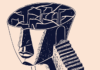 Freeze the Frame Illustration of a stylized head with a maze-like brain and stairs, suggesting mental health and thought patterns.