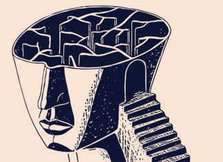 Freeze the Frame Illustration of a stylized head with a maze-like brain and stairs, suggesting mental health and thought patterns.