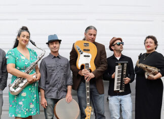 Music to Save Humanities Santa Cruz world music band AZA poses with instruments.
