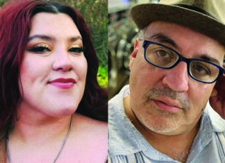 Trigger Plays Kassandra Zarate and Luis Alfaro appear side by side in a promotional image for Mojada at UCSC Theater Arts.
