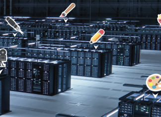 Playing with Digital Fire Data center server room with creative icons floating over the image.