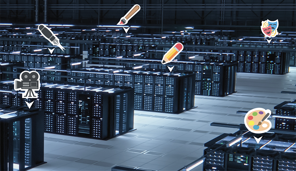 Data center server room with creative icons floating over the image.
