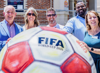 GOALLLLL Santa Cruz leaders stand behind a giant FIFA World Cup 2026 soccer ball sculpture outside the Museum of Art & History.