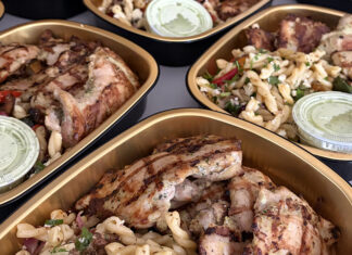 What it Takes Prepared meal trays with grilled chicken, pasta salad and sauce from Village Foods in Santa Cruz.