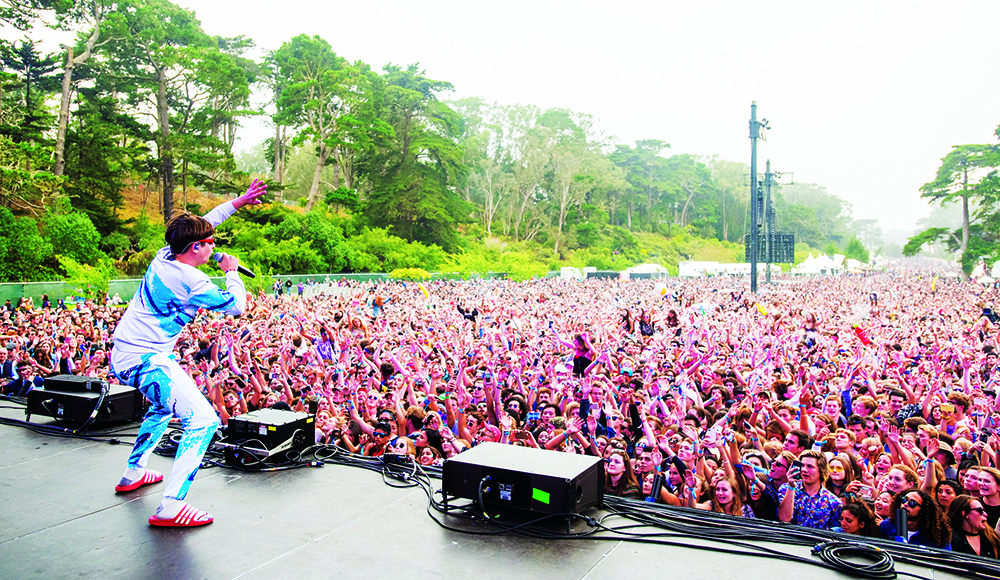Oliver Tree performs before a large crowd at Outside Lands Music Festival in San Francisco.