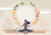 Can Food Improve Mood? Illustration of a woman seated beneath a circular arc of fruits, vegetables and healthy foods.