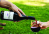Crimson & Clover A bottle of The Paring red wine being poured into a glass outdoors on a green lawn.