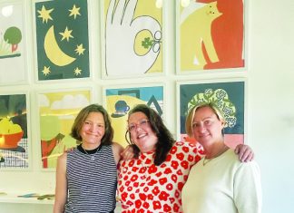 Getting to the Point Sydney Pfaff, Kelly Carámbula and Carissa Potter pose inside And Friends Art Gallery.