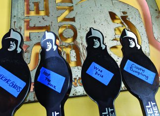 Open the Taps Beer tap handles at Steel Bonnet Brewing labeled with rotating brews on painter’s tape.