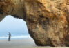 Don’t Be Blindsided A person stands beneath the Keyhole rock arch at Panther Beach near the ocean.
