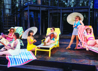 Keeping the Bard Fresh Allie Pratt as Hero relaxes on a lounge chair with other cast members in Much Ado About Nothing