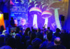 Psychedelics Grow Up Audience attends a psychedelic education event beneath projected mushroom imagery