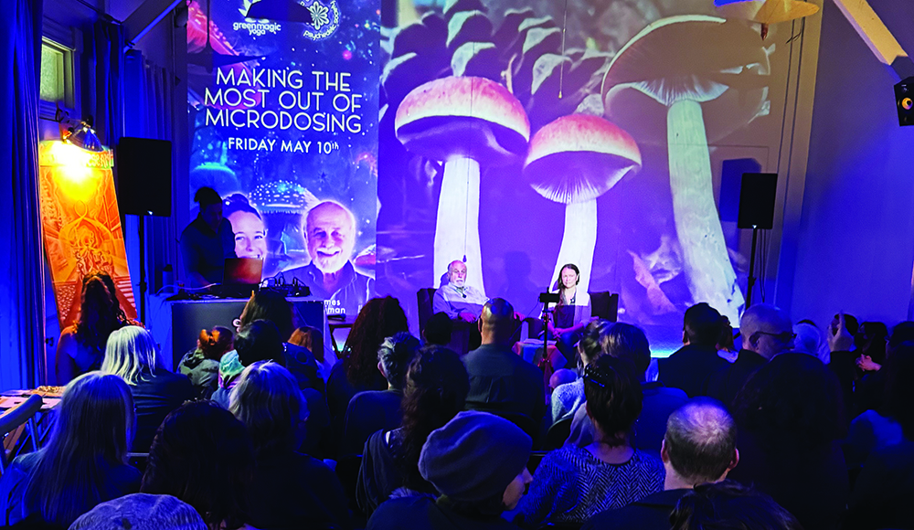 Audience attends a psychedelic education event beneath projected mushroom imagery