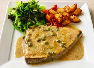 Combo Pizza Swordfish picatta with capers, roasted potatoes and mixed greens at La Placa Italian Cuisine.